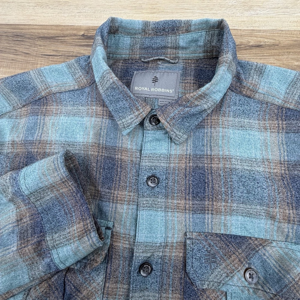 Royal Robbins Shirt Mens Large Green Plaid Flannel Long Sleeve Button Up Outdoor